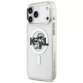 Karl Lagerfeld IML Glitter Karl & Choupette Sketch Logo MagSafe -kotelo iPhone 17 Pro Max, läpinäkyvä