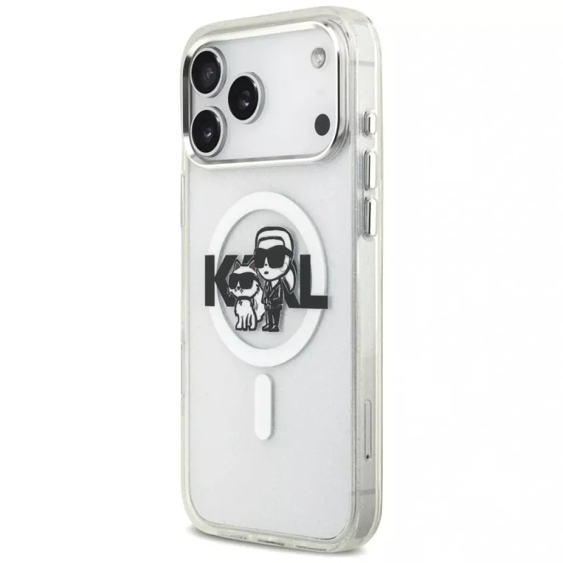 Karl Lagerfeld IML Glitter Karl & Choupette Sketch Logo MagSafe -kotelo iPhone 17 Pro Max, läpinäkyvä