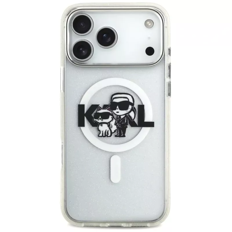 Karl Lagerfeld IML Glitter Karl & Choupette Sketch Logo MagSafe -kotelo iPhone 17 Pro Max, läpinäkyvä