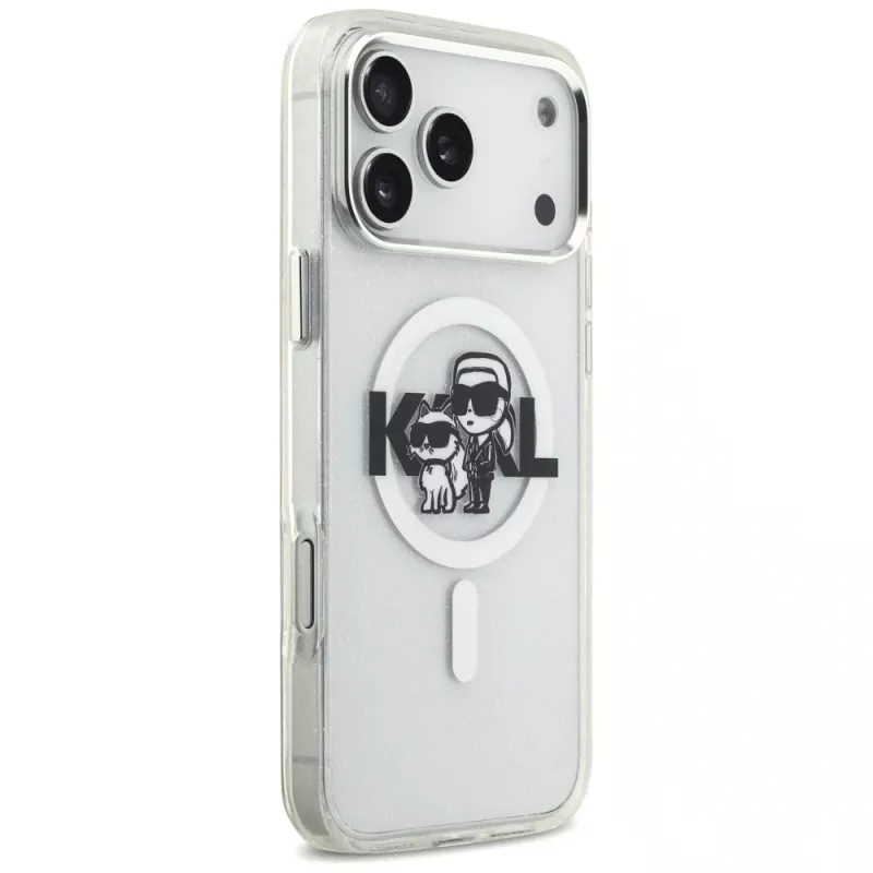 Karl Lagerfeld IML Glitter Karl & Choupette Sketch Logo MagSafe -kotelo iPhone 17 Pro Max, läpinäkyvä