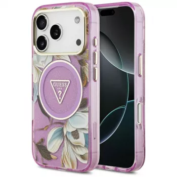 GUESS IML Glitter Flowers Triangle MagSafe -kotelo iPhone 18 Pro / 17 Pro - violetti
