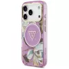 GUESS IML Glitter Flowers Triangle MagSafe -kotelo iPhone 18 Pro / 17 Pro - violetti