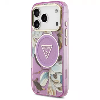GUESS IML Glitter Flowers Triangle MagSafe -kotelo iPhone 18 Pro / 17 Pro - violetti
