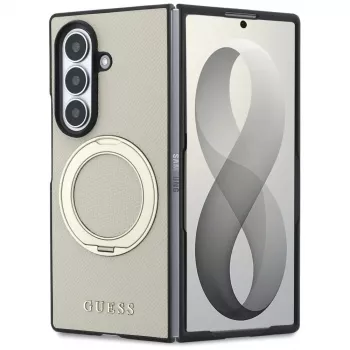 Guess Magnetic Ring Stand Grained Classic Logo MagSafe-kotelo Samsung Galaxy Z Fold 8 Ultra (beige)