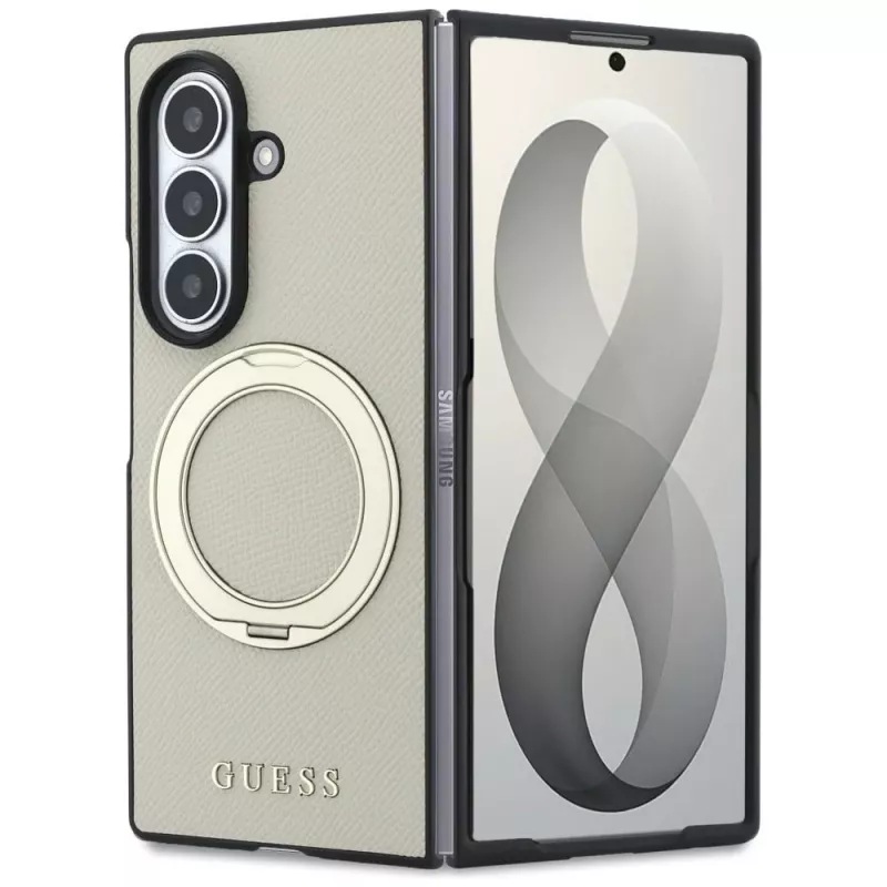 Guess Magnetic Ring Stand Grained Classic Logo MagSafe-kotelo Samsung Galaxy Z Fold 8 Ultra (beige)