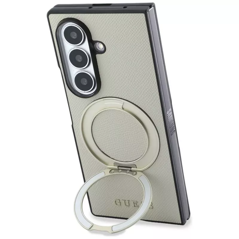 Guess Magnetic Ring Stand Grained Classic Logo MagSafe-kotelo Samsung Galaxy Z Fold 8 Ultra (beige)