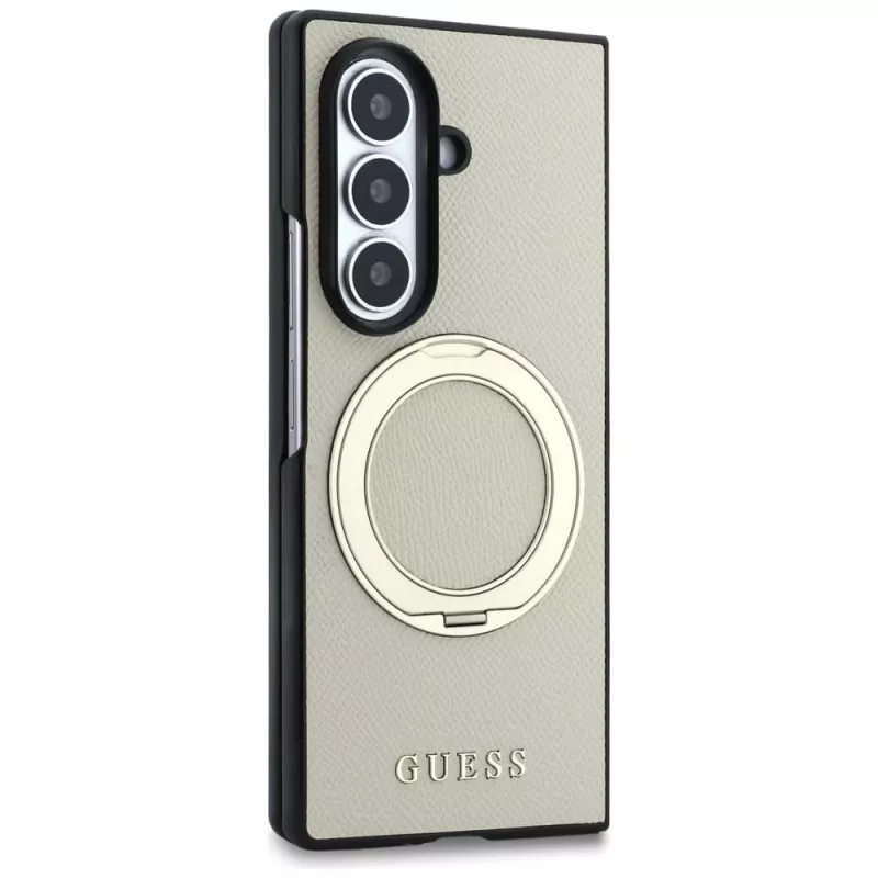 Guess Magnetic Ring Stand Grained Classic Logo MagSafe-kotelo Samsung Galaxy Z Fold 8 Ultra (beige)