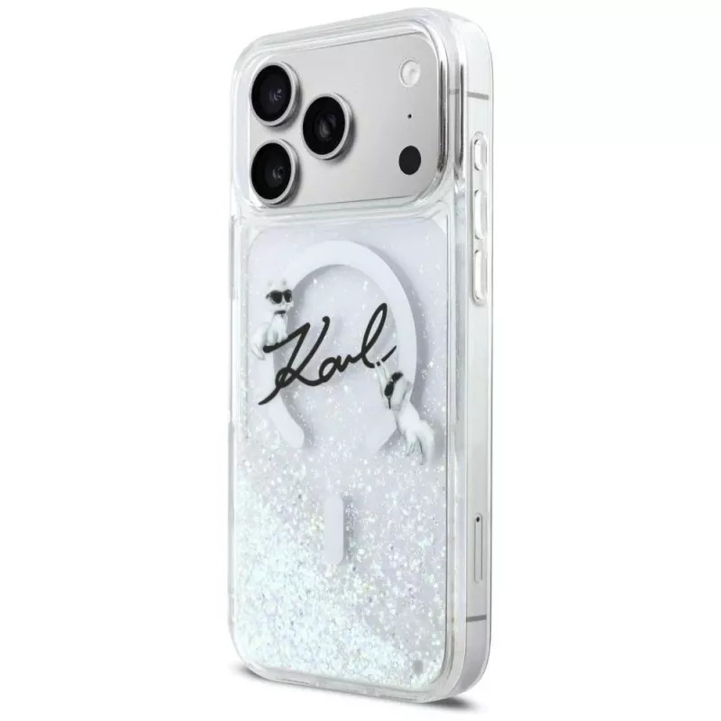 Karl Lagerfeld Liquid Glitter Karl Script Logo MagSafe-kotelo iPhone 17 Pro läpinäkyvä