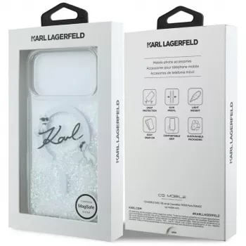 Karl Lagerfeld Liquid Glitter Karl Script Logo MagSafe-kotelo iPhone 17 Pro Max, läpinäkyvä