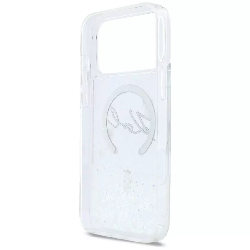 Karl Lagerfeld Liquid Glitter Karl Script Logo MagSafe-kotelo iPhone 17 Pro Max, läpinäkyvä