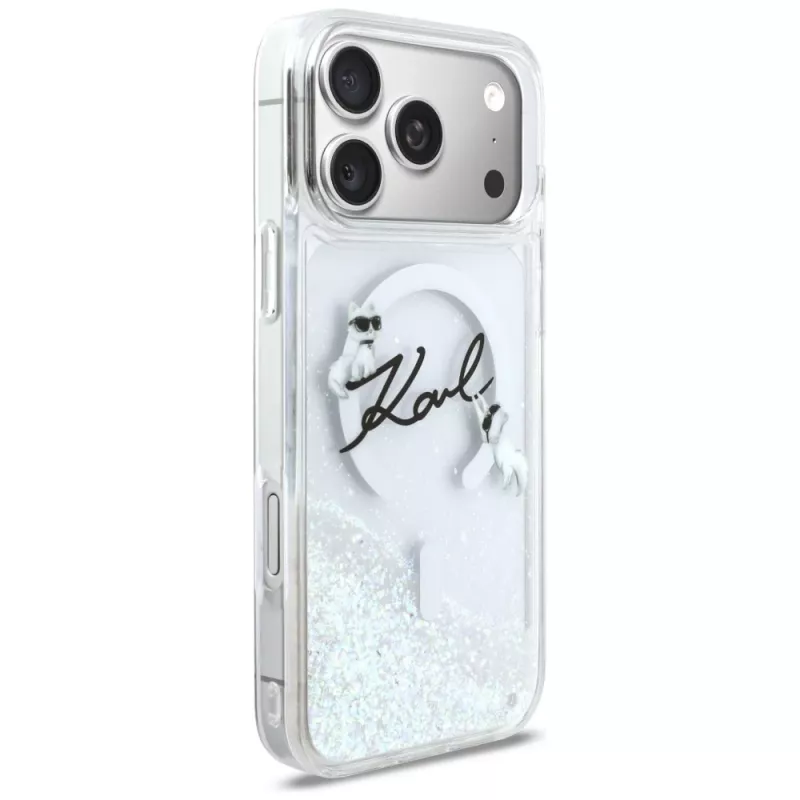 Karl Lagerfeld Liquid Glitter Karl Script Logo MagSafe-kotelo iPhone 17 Pro Max, läpinäkyvä