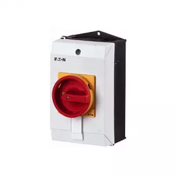 Eaton P1-25/I2/SVB 3-napainen pääkytkin, 25 A, 690 V, IP65, punainen/keltainen kahva, pinta-asennus, hätä-seis-toiminto