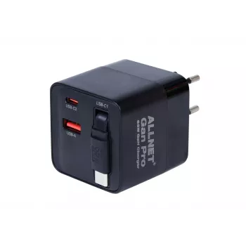 ALLNET 65W GaN USB-C PD seinälaturi Quick Charge 3.0, 2x USB-C ja 1x USB-A