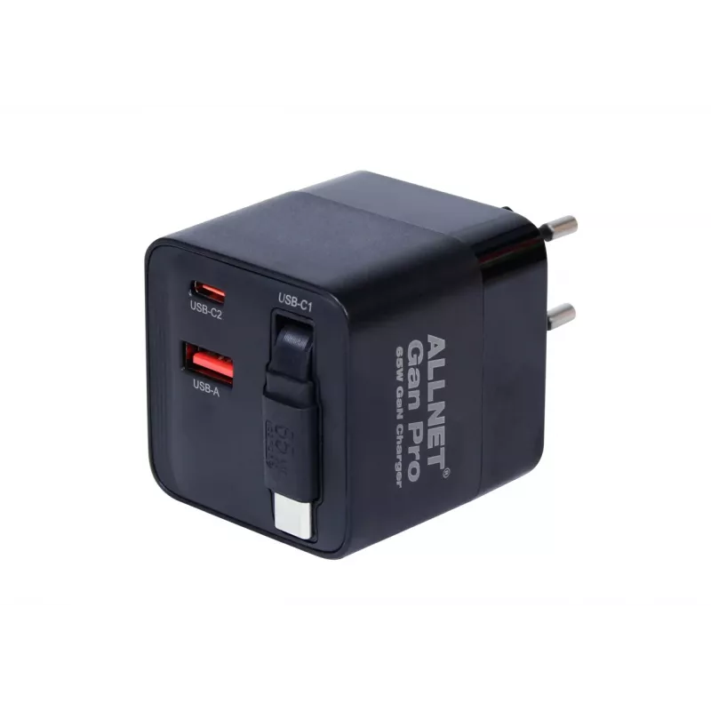 ALLNET 65W GaN USB-C PD seinälaturi Quick Charge 3.0, 2x USB-C ja 1x USB-A
