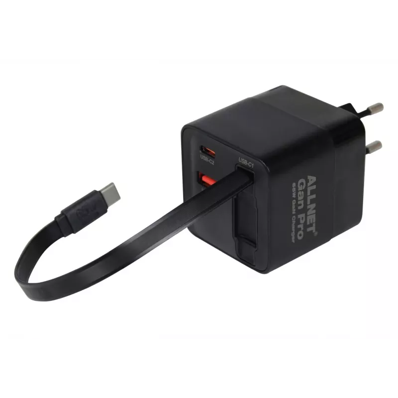 ALLNET 65W GaN USB-C PD seinälaturi Quick Charge 3.0, 2x USB-C ja 1x USB-A