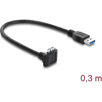 Delock USB 5 Gbps kaapeli USB Type-A uros USB Micro-B uros ruuvilukitus 90° ylöspäin kulma 0,3 m musta