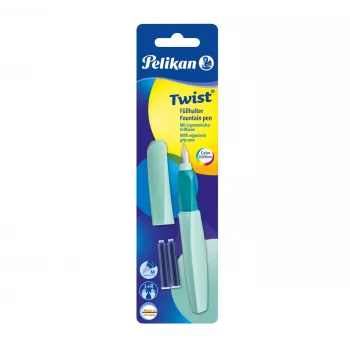 Pelikan Twist P457 täytekynä, minttu, keskikokoinen terä, ruostumaton teräs, patruunatäyttö, molempikätinen, Saksa