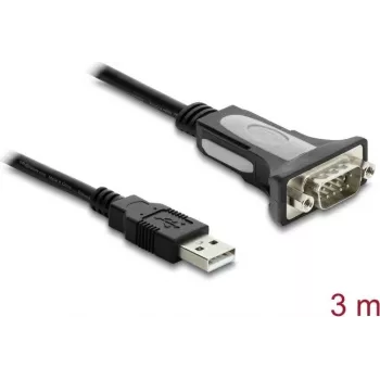 Delock USB 2.0 Type-A - RS-232 sarjaporttisovitin kaapeli DB9-pistokkeella ja ruuvimuttereilla, 3 m