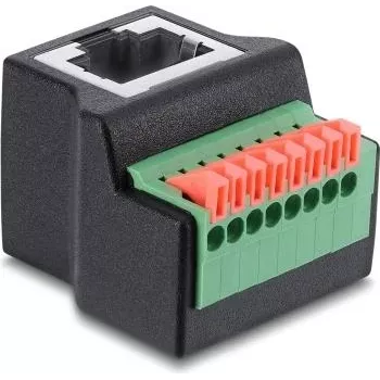 Delock RJ45-liitin 8-napaiseen riviliittimeen -adapteri, 90° kulma, painonappi, musta