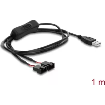 Delock USB Type-A uros 2 x 4-pin tuuletinliitäntäkaapeli virtakytkimellä, 1 m, musta