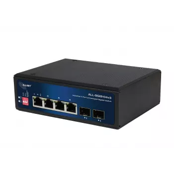 ALLNET ALL-SGI8104v3 teollinen hallitsematon Layer 2 -kytkin, 6 porttia GbE, 4x GbE RJ45, 2x SFP, tuulettimeton, IP40