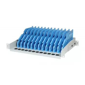 ALLNET 19 tuuman rack-asennettava tablettiteline – 12-paikkainen metallinen lataus- ja järjestelymoduuli iPadeille, tableteille, älypuhelimille, 2U