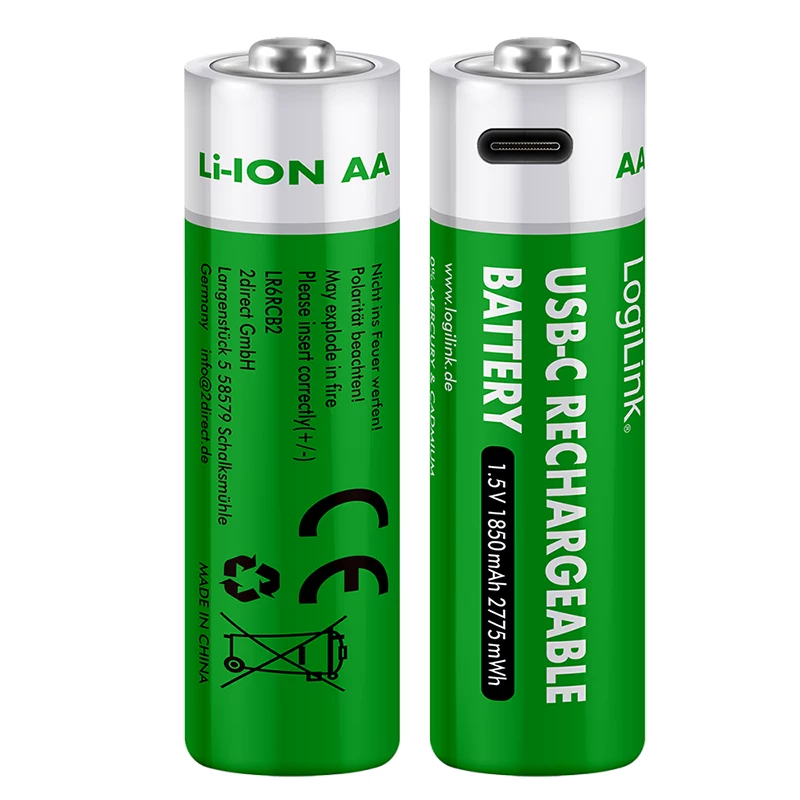 LogiLink LR6RCB2 USB-C ladattavat AA-litiumioniakut, 2 kpl:n pakkaus, 1,5 V vakiolähtöjännite, 2600 mWh