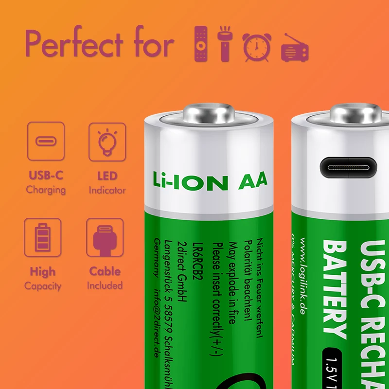 LogiLink LR6RCB2 USB-C ladattavat AA-litiumioniakut, 2 kpl:n pakkaus, 1,5 V vakiolähtöjännite, 2600 mWh