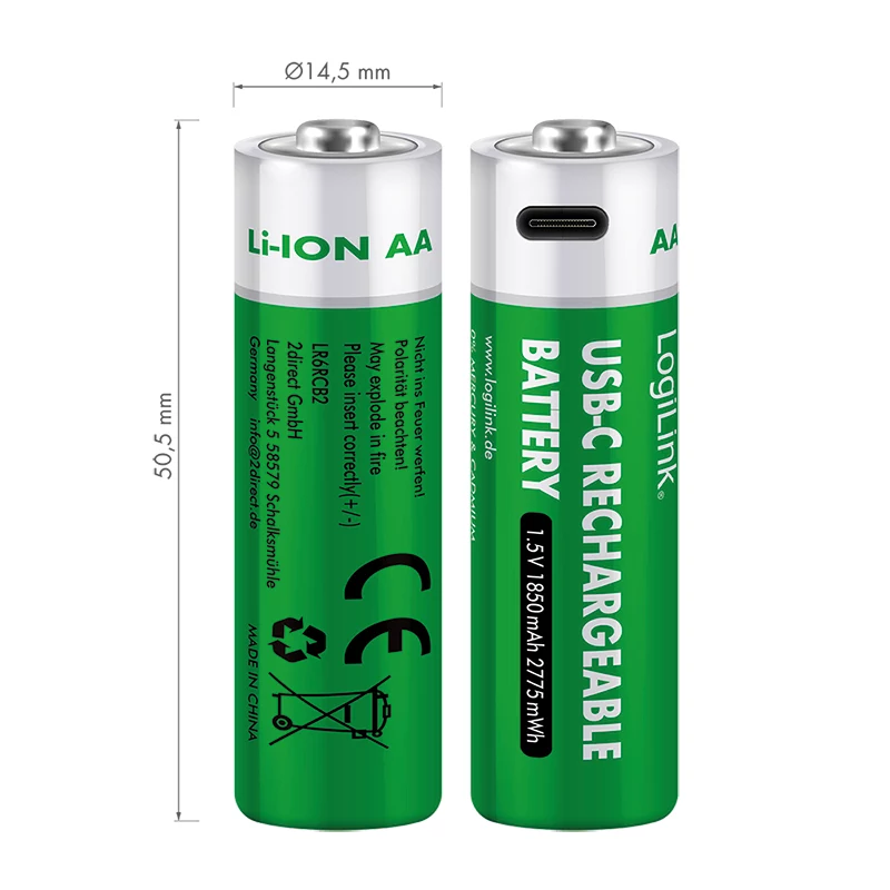 LogiLink LR6RCB2 USB-C ladattavat AA-litiumioniakut, 2 kpl:n pakkaus, 1,5 V vakiolähtöjännite, 2600 mWh