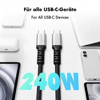 LogiLink USB 2.0 Type-C -kaapeli, C/M - C/M, 480 Mbps, 240W, nylon, metalli, musta/hopea, 2 m