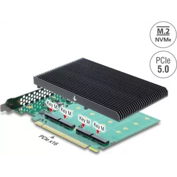 Delock PCI Express 5.0 x16 -kortti 4 x sisäiselle NVMe M.2 Key M:lle jäähdytyselementillä - bifurkointi
