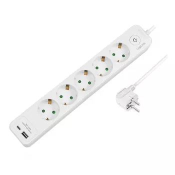 LogiLink LPS280U pistorasialista, 5 AC-pistorasiaa, 2 USB-liitäntää (USB-A & USB-C), 17W, valkoinen