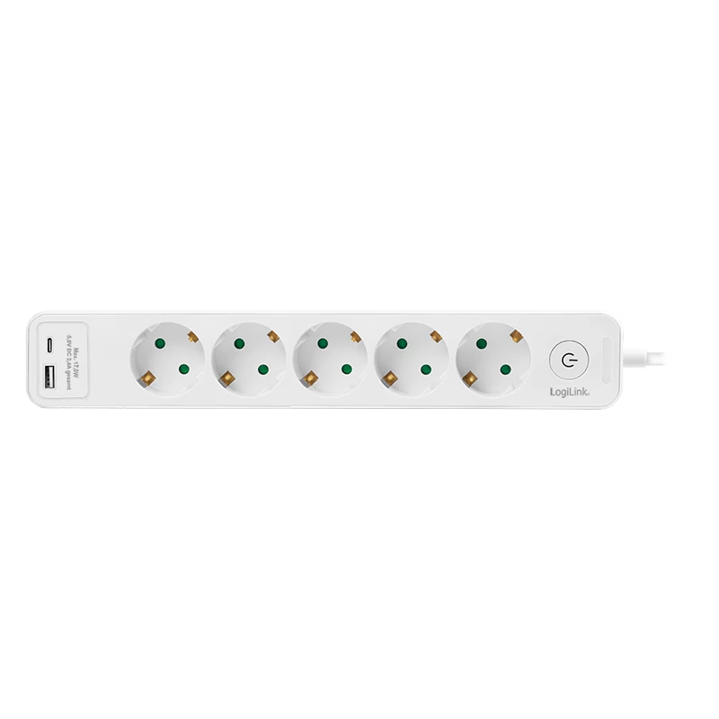 LogiLink LPS280U pistorasialista, 5 AC-pistorasiaa, 2 USB-liitäntää (USB-A & USB-C), 17W, valkoinen
