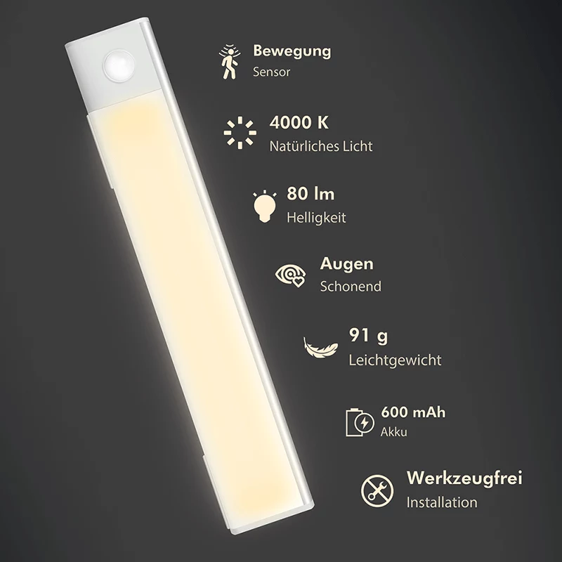 LogiLink LED-kaappivalaisin, erittäin ohut, PIR-tunnistin, 200mm, 80lm