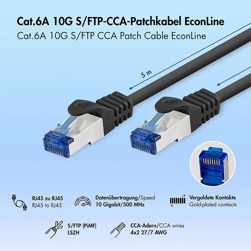 LogiLink Cat.6A S/FTP patch-kaapeli, CCA, LSZH, musta, 5 m, EconLine