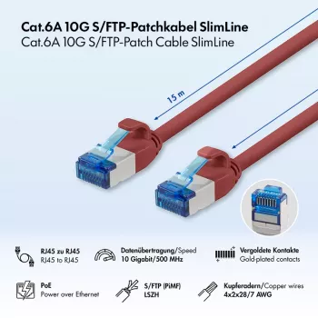 LogiLink Cat.6A Slim S/FTP LSZH patch-kaapeli, punainen, 15 m, SlimLine