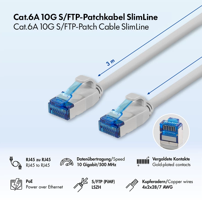 LogiLink Cat.6A Slim S/FTP LSZH patch-kaapeli, harmaa, 3 m, SlimLine