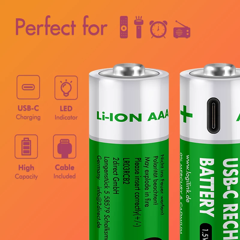 LogiLink LR03RCB2 USB-C ladattavat AAA Li-Ion -paristot, 1,5V, 2 kpl:n pakkaus