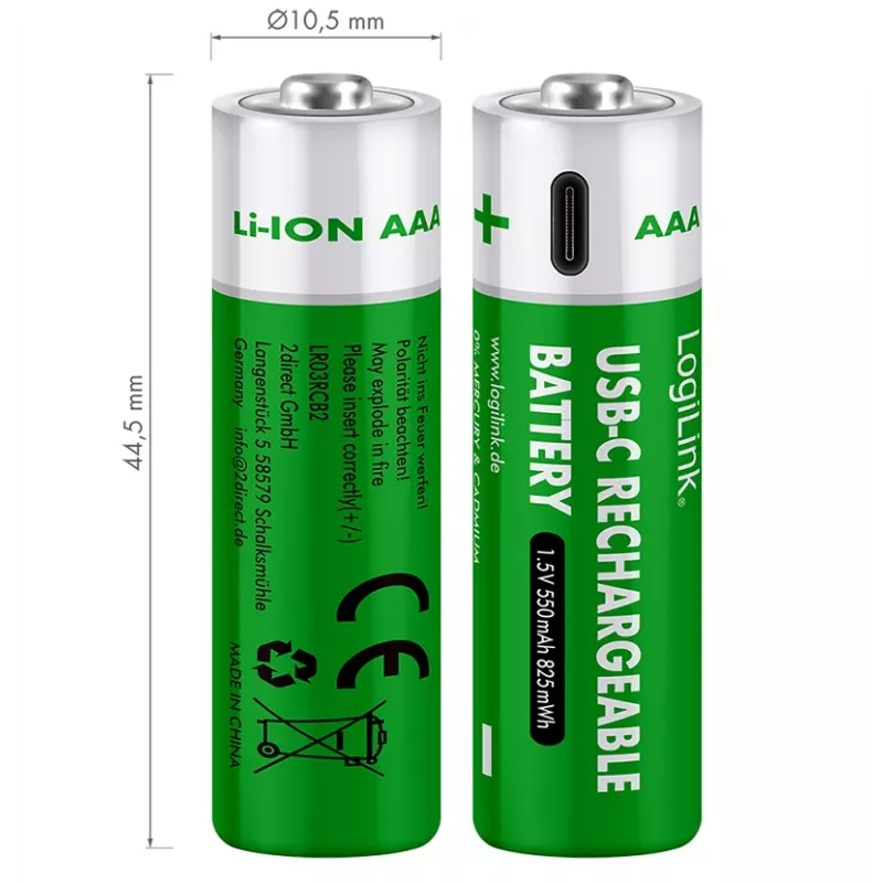 LogiLink LR03RCB2 USB-C ladattavat AAA Li-Ion -paristot, 1,5V, 2 kpl:n pakkaus