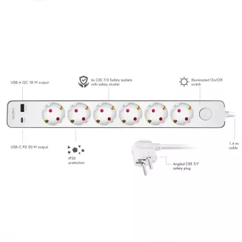 LogiLink pistorasia 6 turvapistorasialla, USB-A & USB-C PD 20W, keinukytkin, 1,5 m, valkoinen