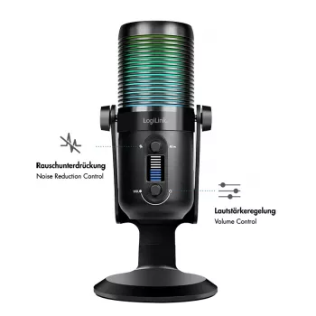 LogiLink USB-kondensaattorimikrofoni RGB-valolla, herttakuvio, 20 Hz - 20 kHz, musta (HS0059)