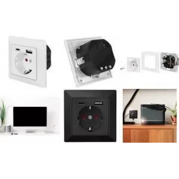 LogiLink PA0262B seinäpistorasia 1 Schuko-pistorasialla, 1 USB-A- ja 1 USB-C-laturi, musta