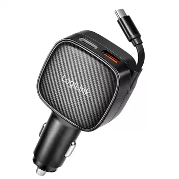 LogiLink USB-autolaturi, 3 porttia sis. sisäänvedettävän USB-C-kaapelin, 60W, PD, QC, musta