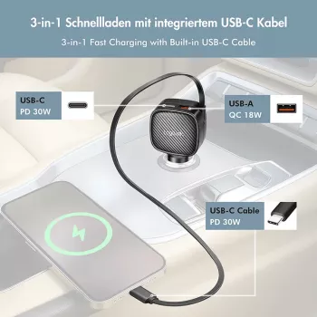 LogiLink USB-autolaturi, 3 porttia sis. sisäänvedettävän USB-C-kaapelin, 60W, PD, QC, musta