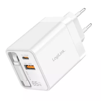 LogiLink USB-A/C-laturi 65 W GaN 3-porttia valkoinen USB-C-kaapelilla