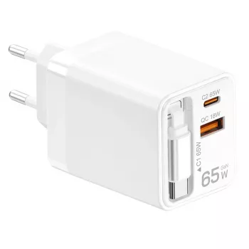LogiLink USB-A/C-laturi 65 W GaN 3-porttia valkoinen USB-C-kaapelilla