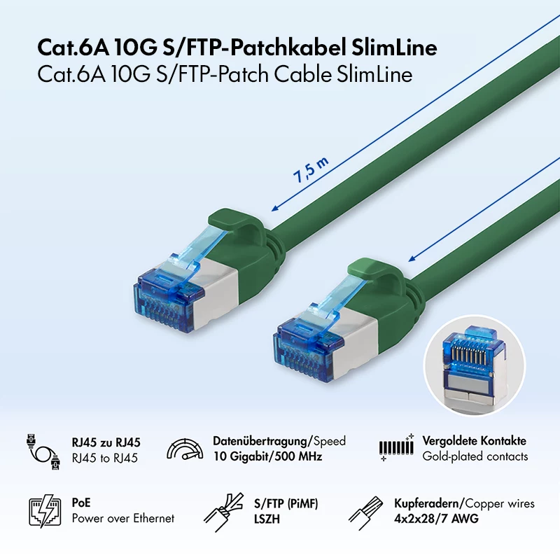 LogiLink Cat.6A S/FTP LSZH Slim patchkaapeli, 7,5 m, vihreä