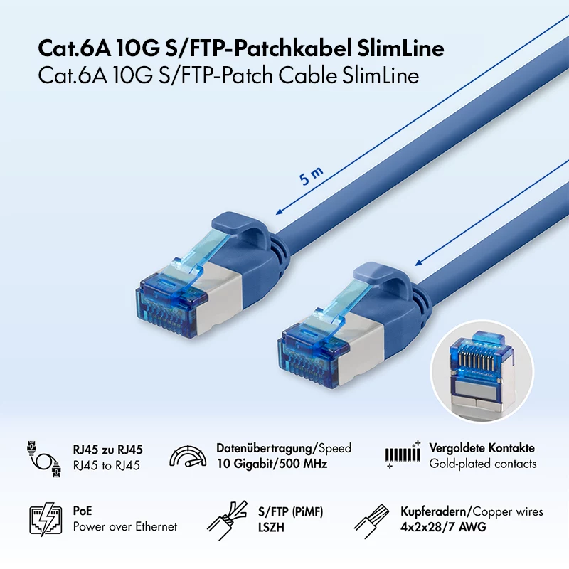LogiLink Cat.6A Slim S/FTP LSZH -verkkokaapeli, sininen, 5 m, SlimLine