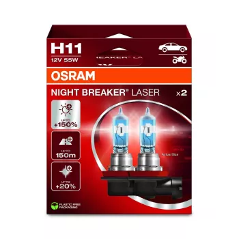 OSRAM NIGHT BREAKER LASER H11 halogeenilamppu 2 kpl:n pakkaus 12V 55W PGJ19-2, jopa 150% kirkkaampi, 150m pidempi valokeila, 3900K