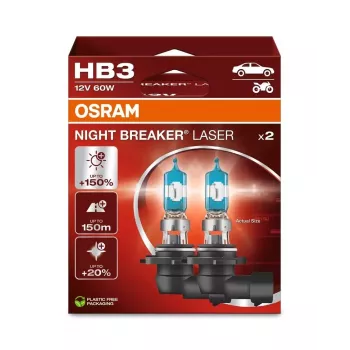 OSRAM Night Breaker Laser HB3 12V 60W P20d halogeenilamppu, 2 kpl:n pakkaus, jopa 150% kirkkaampi, 150m pidempi valokeila, 20% valkoisempi valo